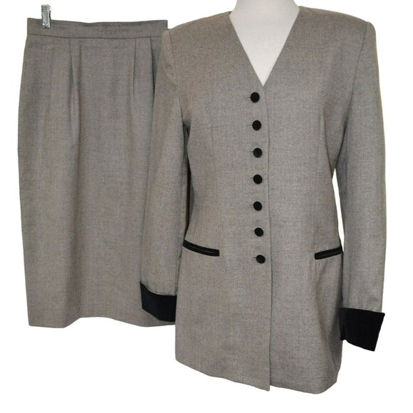 Oleg Cassini Vtg Womens Gray Wool 2-Piece Suit 3/4 Walking Jacket Skirt Lined 8 - Picture 1 of 12